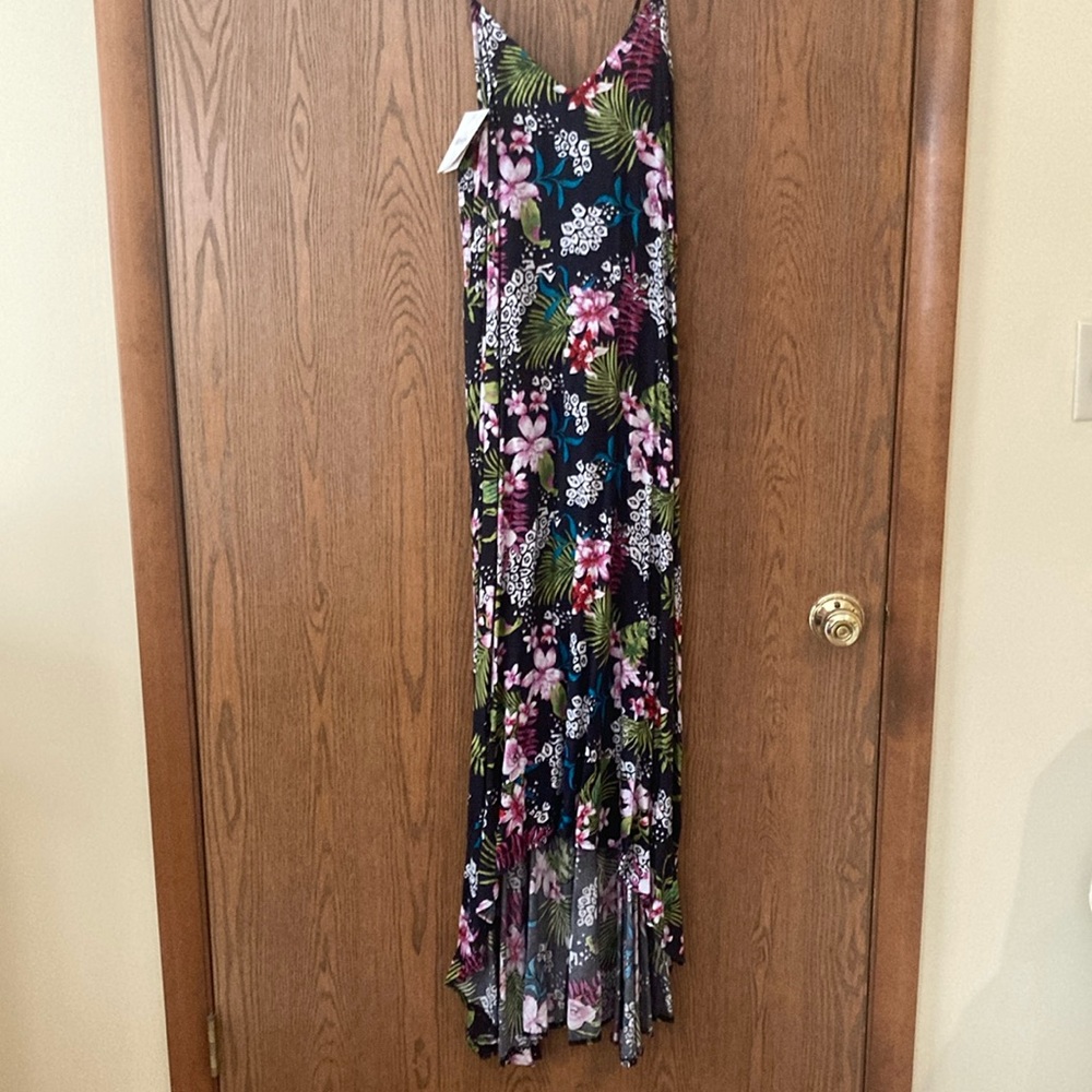 Black w multi color maxi dress; shorter in front
